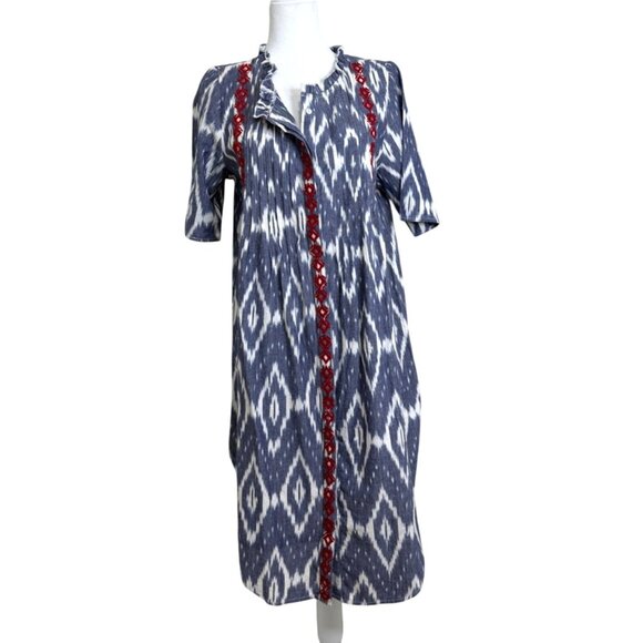 Sundance Isabel Ikat Shirt Dress Embroidered Short Sleeve Blue White Size M NEW - Picture 2 of 8